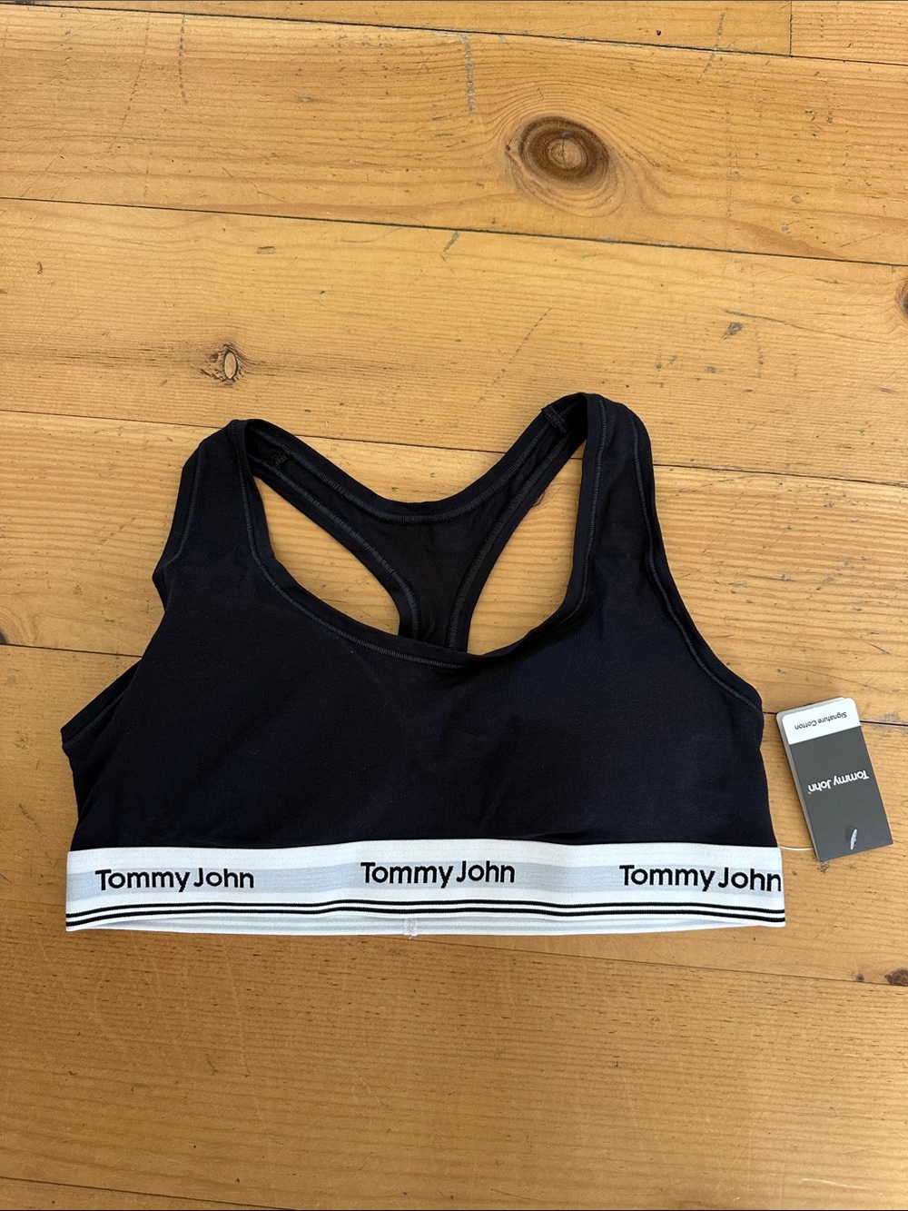 Tommy John Black Racerback Logo Elastic Bralette, size M.